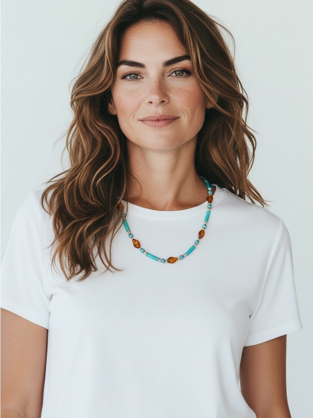 Turquoise and Amber Beaded Necklace - Women Jewelry